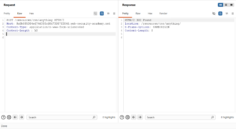 Figure 4: Confirming the Early-Response Gadget (POST /resources/css/anything returns 302 Found immediately)